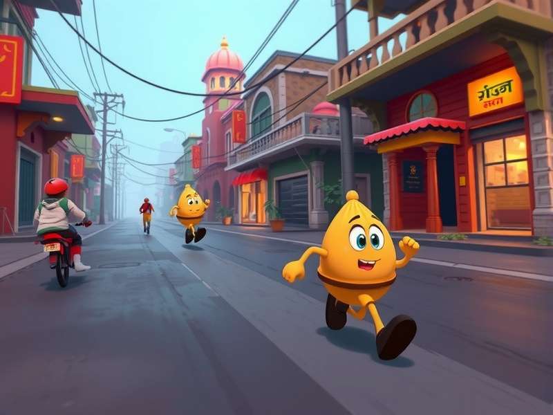 Samosalicious Sprint gameplay screenshot showing a samosa character running through Indian streets